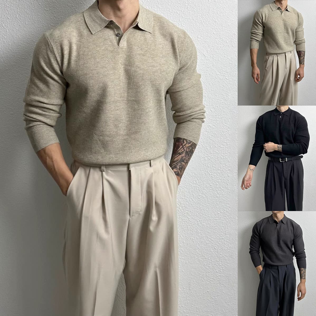 ​​Men's British-Style Knit Blazer Sweater – Slim Fit Shirt Collar Pullover (Apricot/Black/Grey, M-XXXL)​​