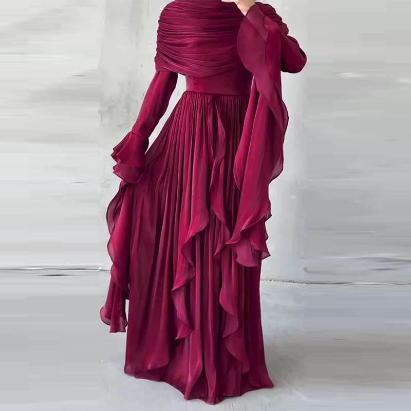 Elegant Asymmetrical Ruffle Maxi Dress – Red & Deep Brown Flowy Evening Gown For Women (XS-XXXL)