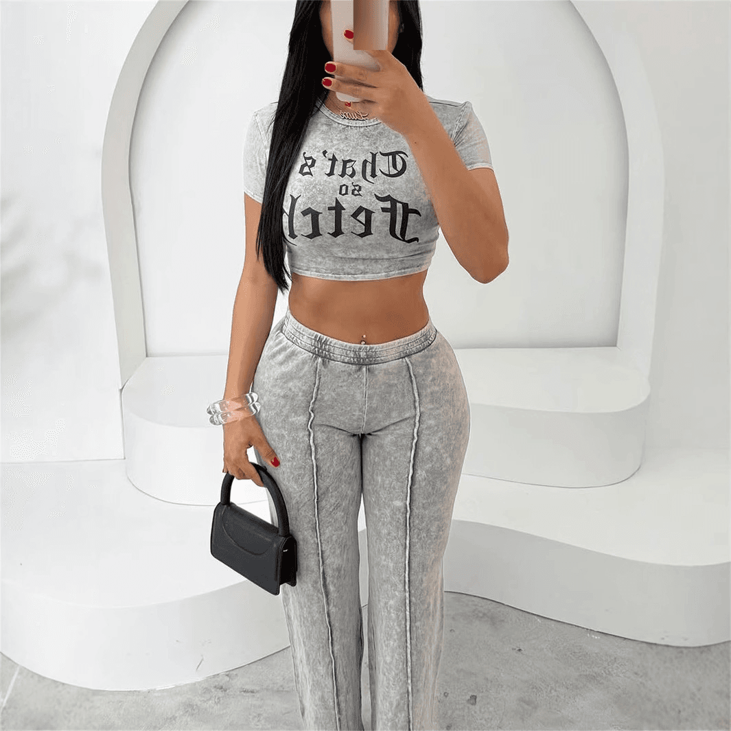 Women's Clothing High Street Hiphop Solid Color Street Print Short Short Sleeved Top Straight Trousers Suit For Women