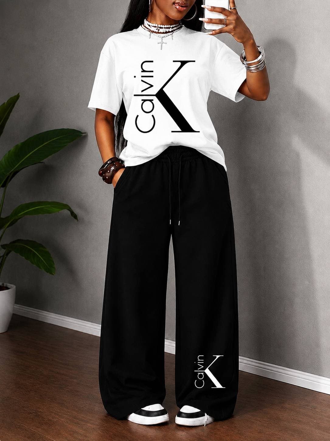 2026 Women's Casual Oversized T-Shirt And Wide Leg Trousers Set Drawstring Mid Waist Loose Fit Fashion For Summer