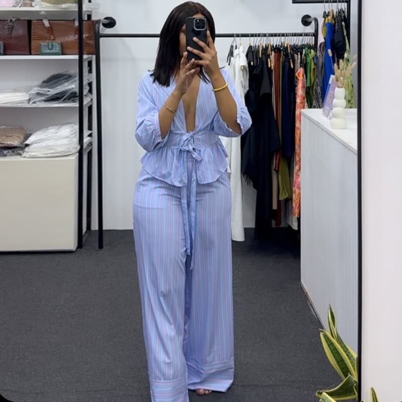 ​​Sweet V-Neck Striped Tie-Front Blouse & Wide-Leg Pants Set – Summer Casual Outfit (Blue)​​ Breathable Polyester Fabric​​