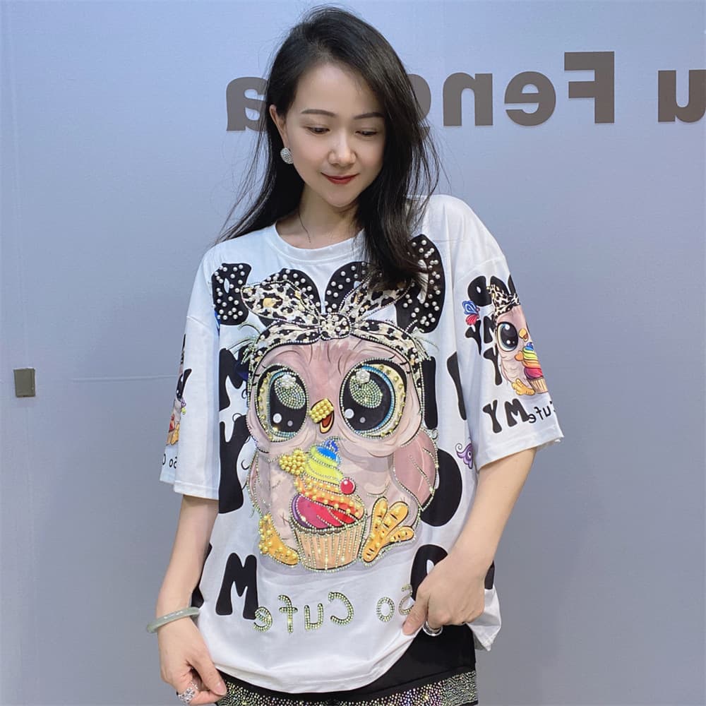 Women’s Clothing Fashion New Round Neck Short Sleeved T Shirt Women's Summer New Loose Heavy Duty Diamond Half Sleeved Top