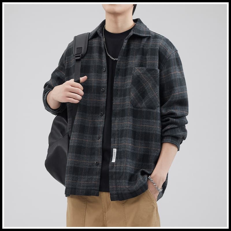 Pulse Pulse Spring And Autumn Thickened Brushed Cotton Shirt For Men, Warm Plaid Long Sleeve Heavyweight Retro Loose Woolen Shirt,