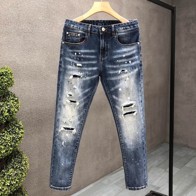 Men's Trendy Ripped Cropped Jeans Slim Fit Straight Leg Denim Korean Style New Summer