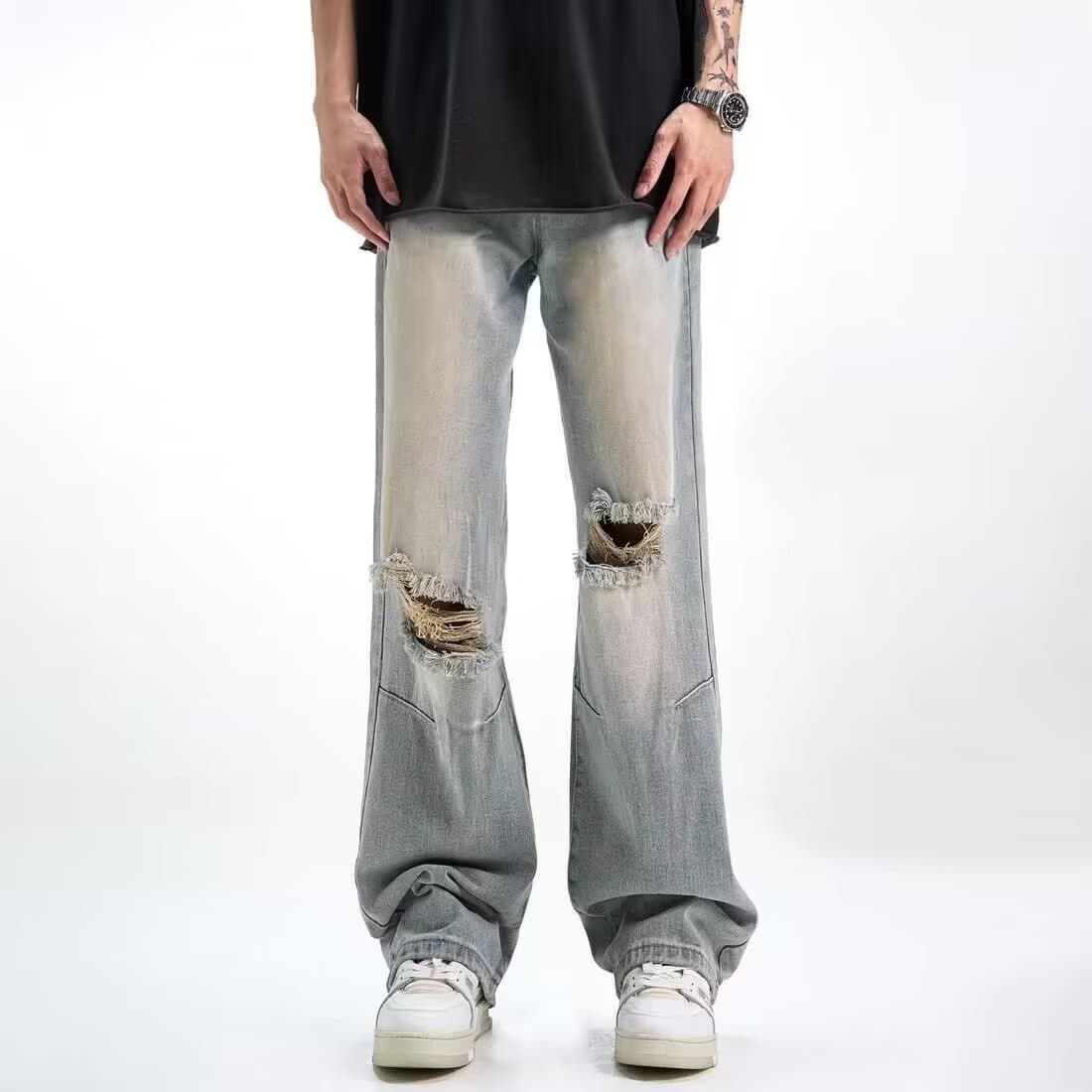Men's Retro American Yellow Muddy Dye Ripped Jeans Thin Washed Straight Wide Leg Pants Summer Drape