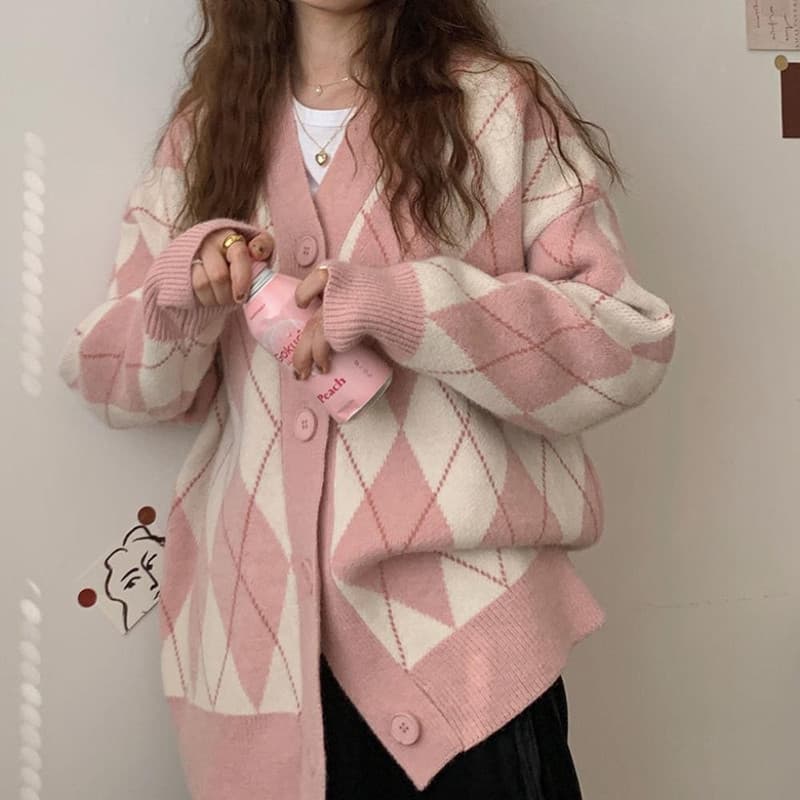 ​​Women's Oversized Knit Cardigan Sweater V-Neck Long Sleeve Casual Loose Fit Diamond Pattern Color-Block Open Front Coat​​