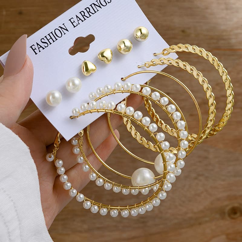 Wrapping Pearl Big Ear Ring Geometric Earrings Set Simple Love Stud Earrings Combination Earrings