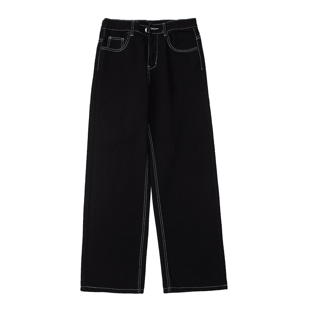 Men's High Street Flame Embroidery Pocket Design Casual Jeans Baggy Straight-leg Pants With Bright Thread