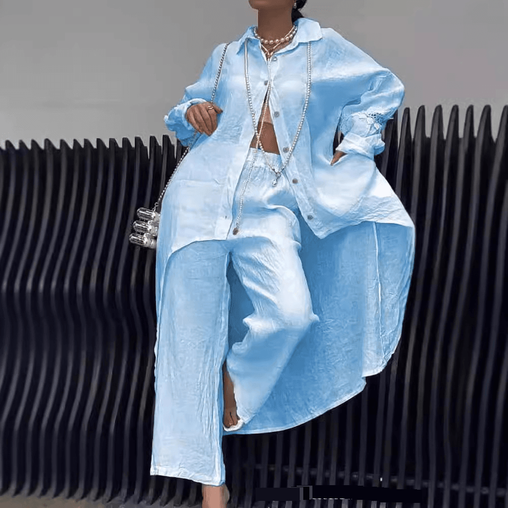 Women's Clothing Elegant Cotton Linen Slim Waist Long Shirt Wide Leg Pants Suit