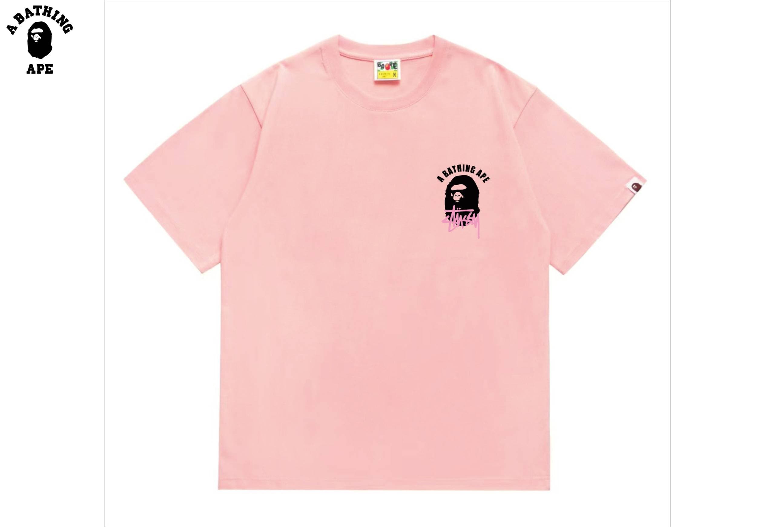 A BATHING APE BAPE-BAPE&Stussy Joint Stusey Letter Back Ape Head Printed T-shirt Made Of Pure Cotton Fabric