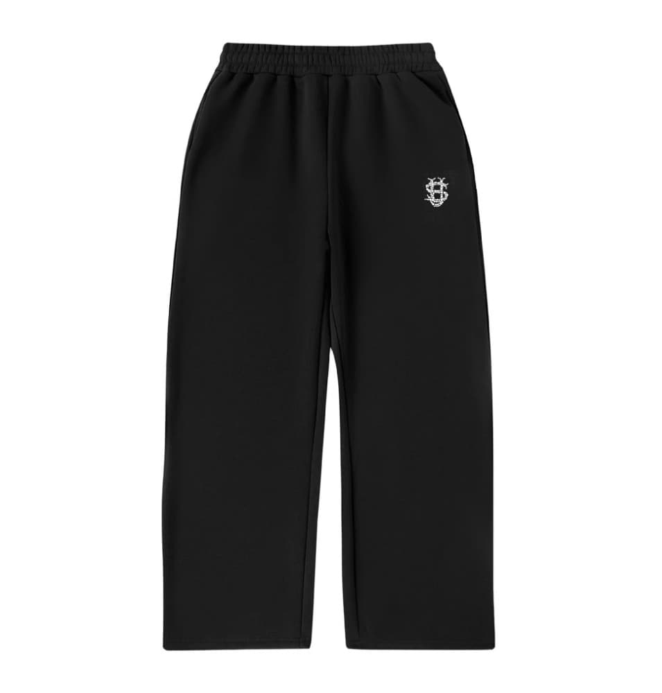 [GlowStreet] Embroidered Joggers - Beaded Letter Design | Unisex Wide-Leg Pants