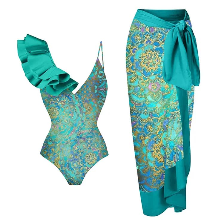 Women's new one-piece swimsuit for women with ruffled ethnic style printed one-piece swimsuit and wrap skirt suit