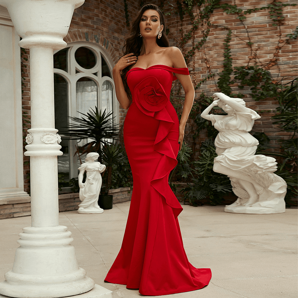 Women's Clothing One-word Collar Sleeveless Temperament Slim Long Section Solid Color Banquet Bridesmaid Dress Evening Dress