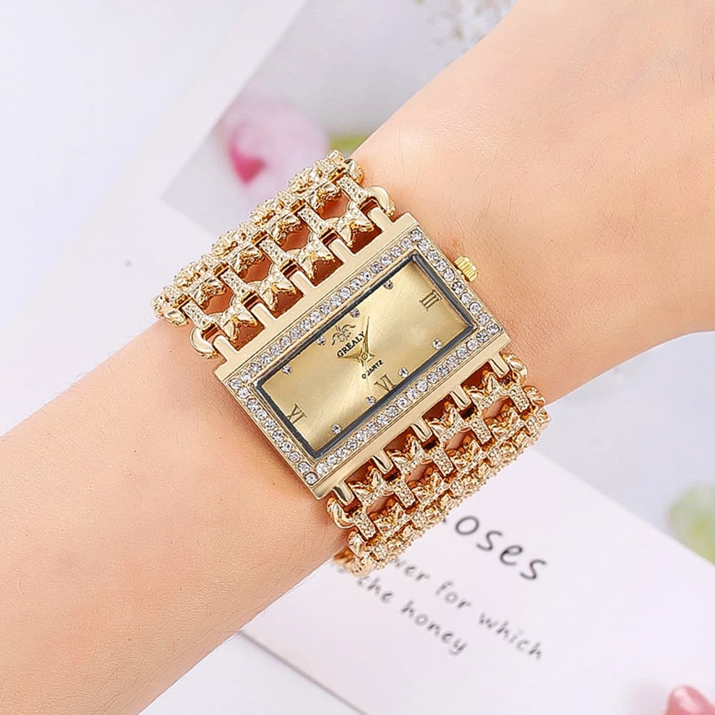 Yamaler Glitter Women Hollow Wide Band Roman Numeral Rhinestone Square Dial Quartz Watch