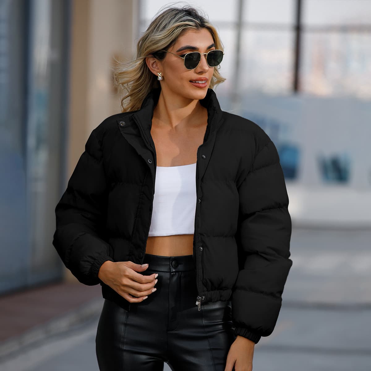 Women's Short Cotton-padded Jacket Women's Long Sleeve High Neck Warm Coat Loose Casual Cotton-padded Jacket