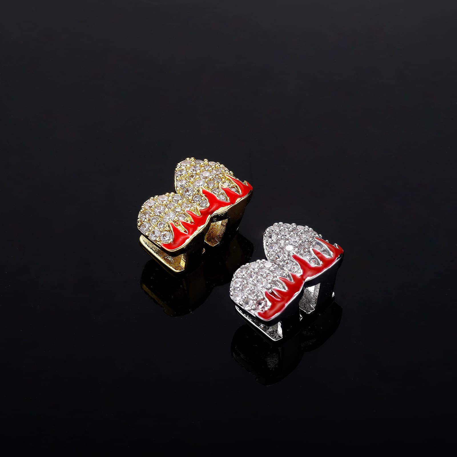 New Single And Double Flame Pattern Full Zircon Gold Halloween Hot Cosplay Versatile Jewelry Teeth Cover