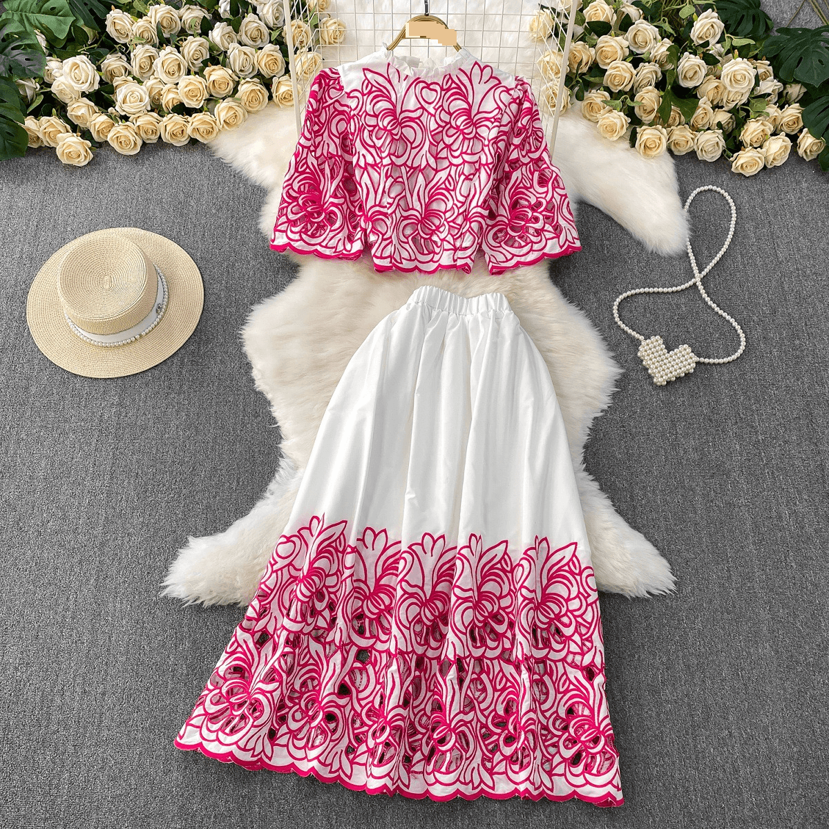 Women's Clothing Water Soluble Lace Round Neck Short Top High Waist Slim Skirt Two Piece Set