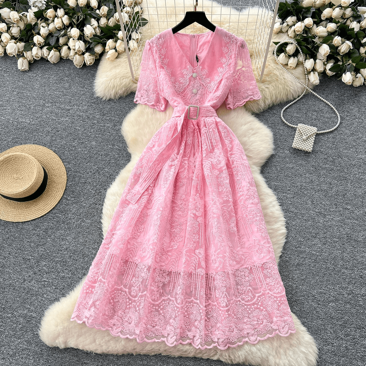 Women's Clothing Heavy Lace Doll Collar Short Sleeved Waist Embroidered Dress Slim Temperament Long Skirt