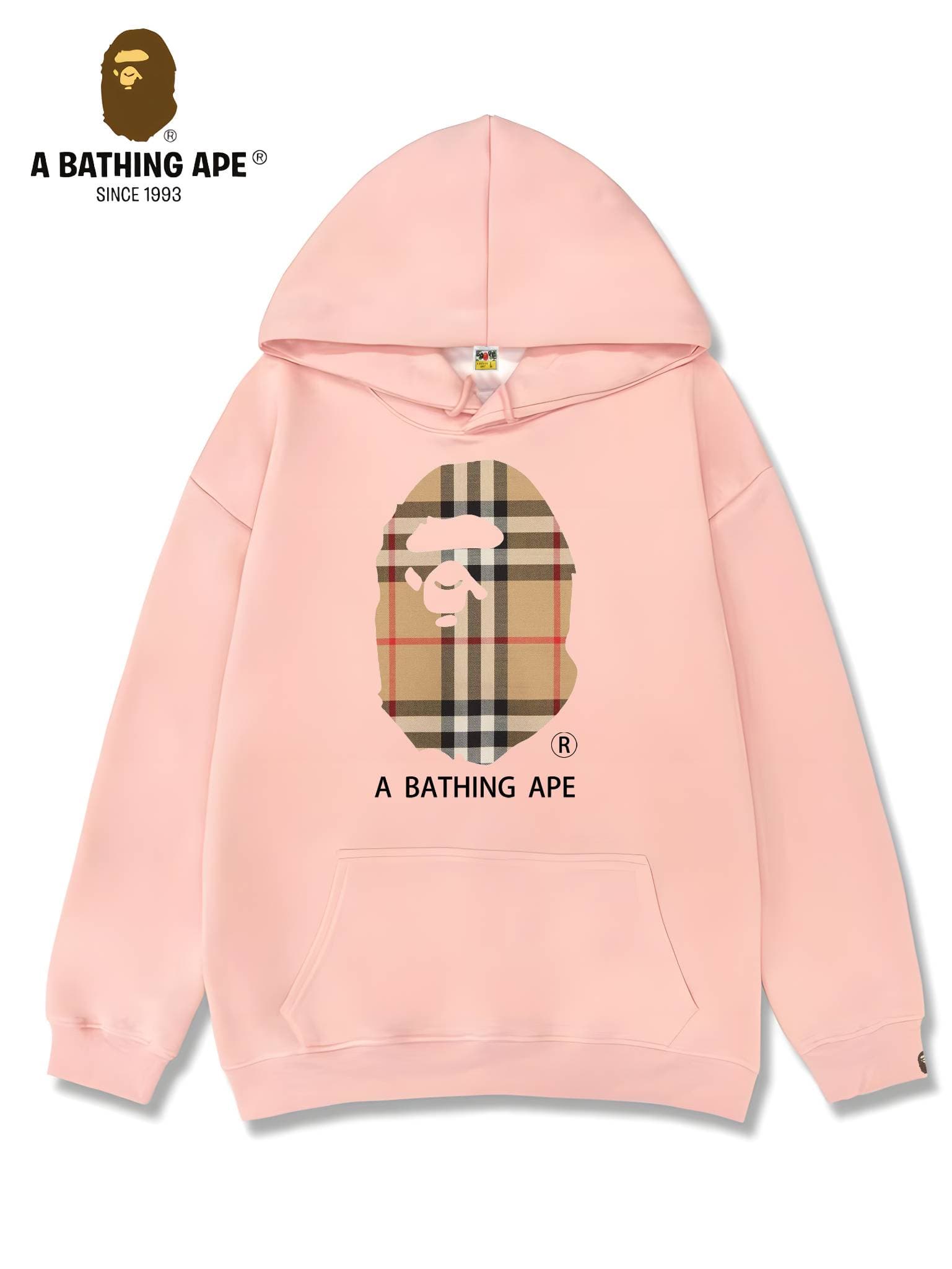 Sweat à capuche unisexe imprimé tête de singe à rayures et logo imprimé, collaboration BAPE-BAPE&BURBERRY