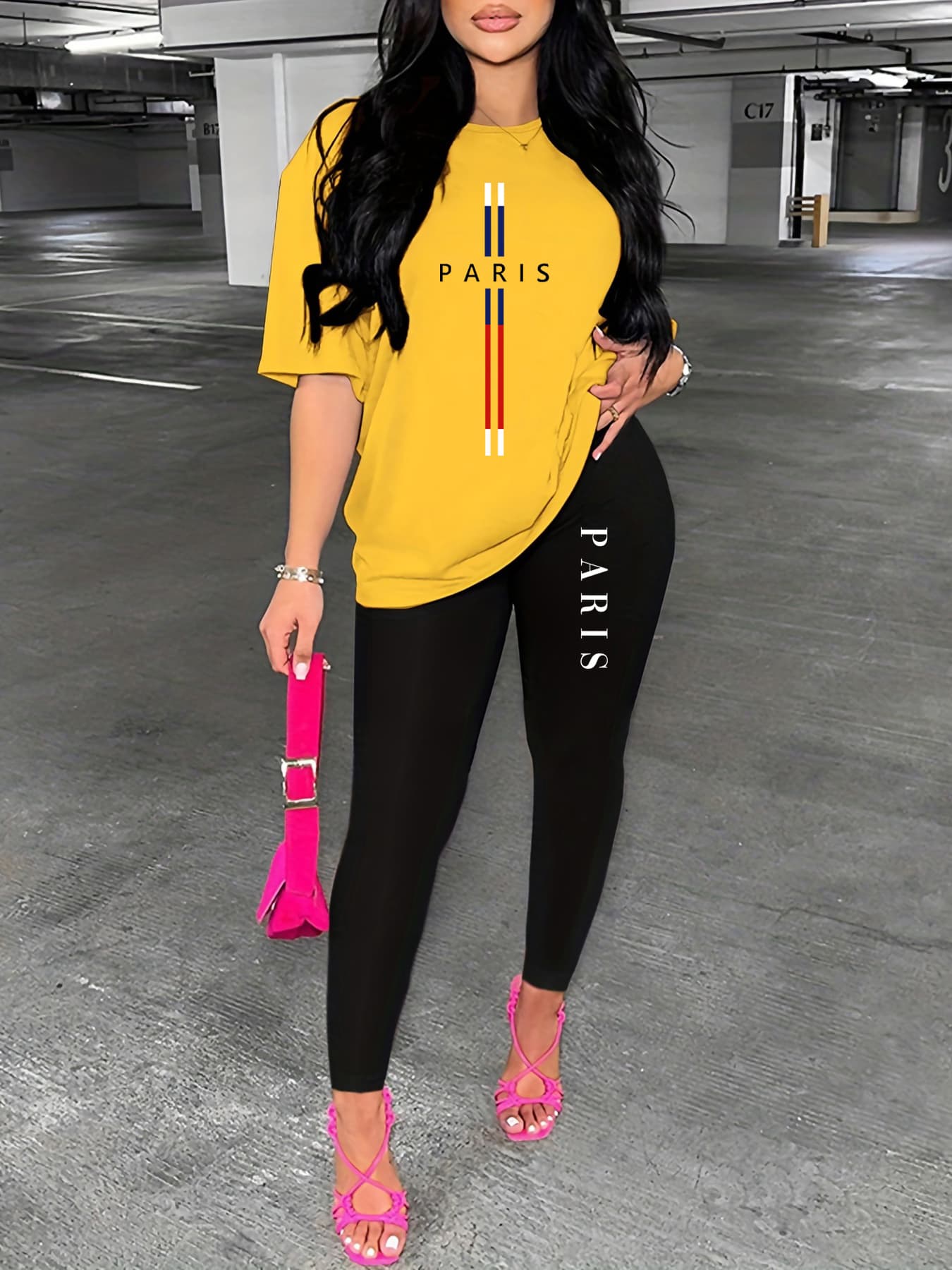 Women's Casual And Fashionable Paris Letter Pattern Printed Loose T-shirt+cropped Pants Two-piece Home Sportswear Daily Wear-229