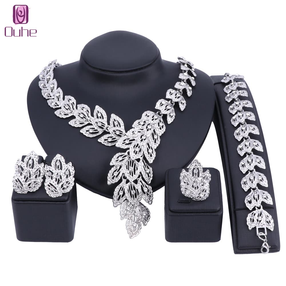 New Silver Color Nigerian Wedding African Beads Jewelry Sets Fashion Women Dubai Crystal Jewelry Set