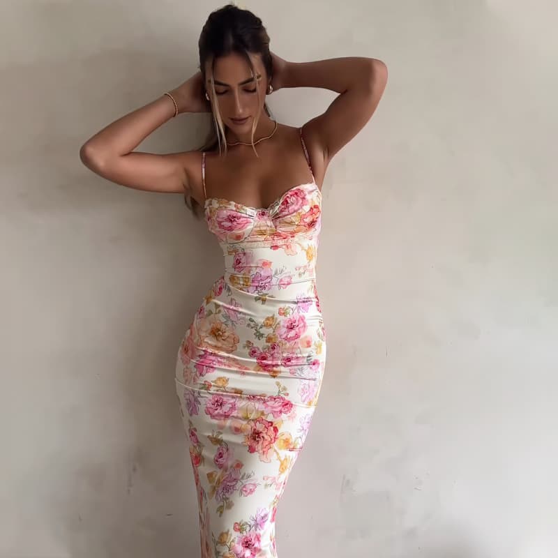 Women's Clothing Summer Fashion Print Slim Sexy Backless Suspender Dress