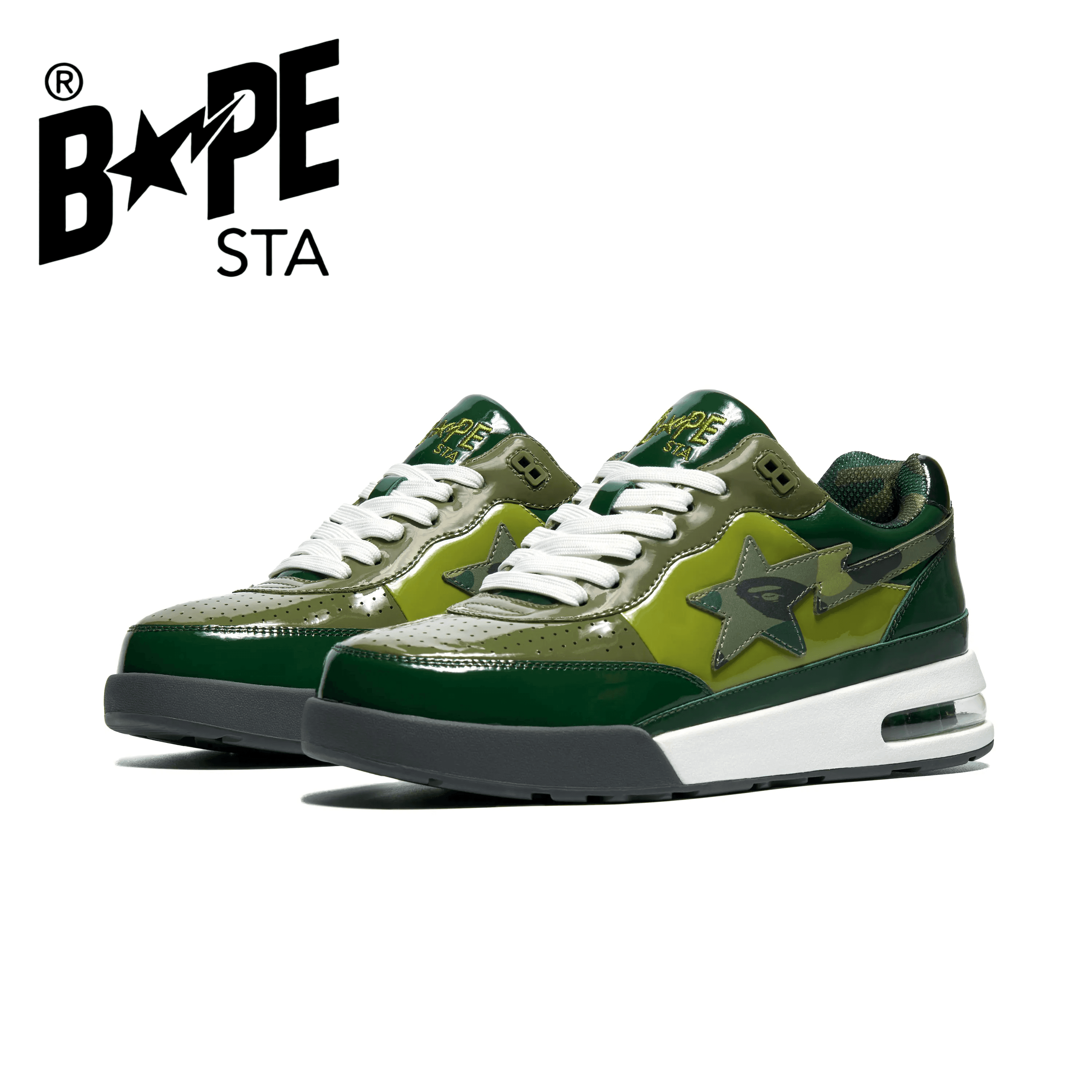 A BATHONG APE Bape ROAD STA Patent Leather Trendy Casual Low Cut Fashionable Board Shoes Blackish Green Air Max Men And Women