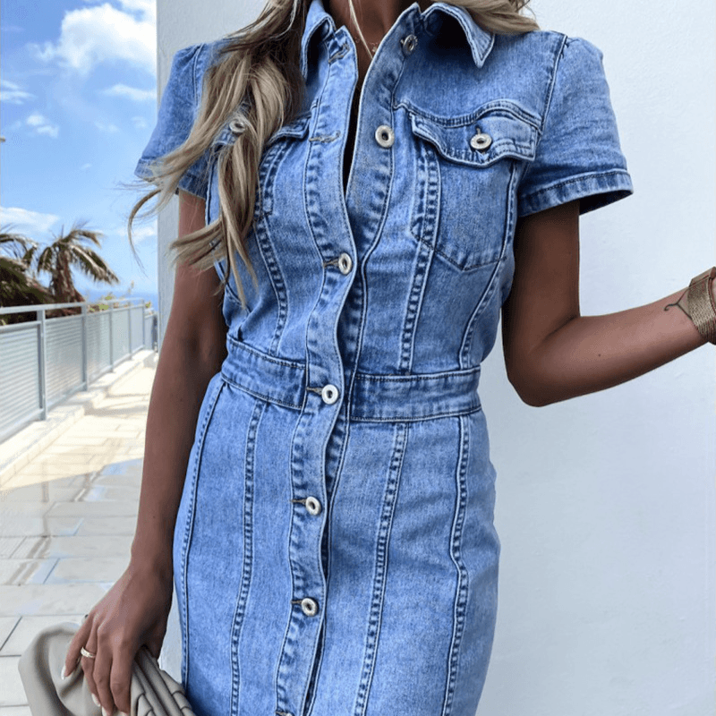 Women's Clothing Single Breasted Fashionable Slim Hip Wrapped Short Sleeved Denim Dress