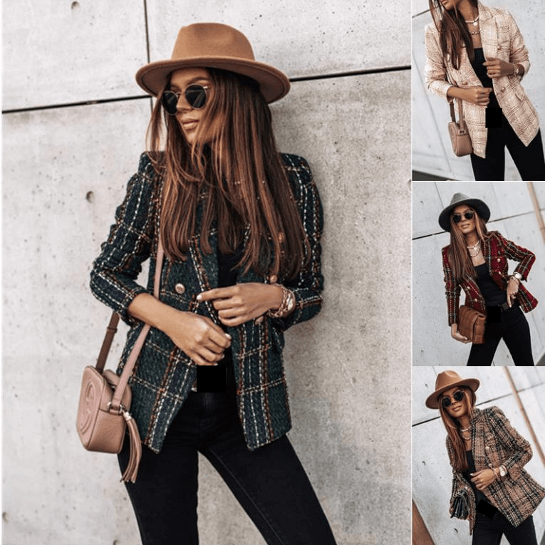 Elegant Printed Double-Breasted Blazer For Women – Long Sleeve Autumn/Winter Office Coat In Khaki, Burgundy, Brown & Dark Green