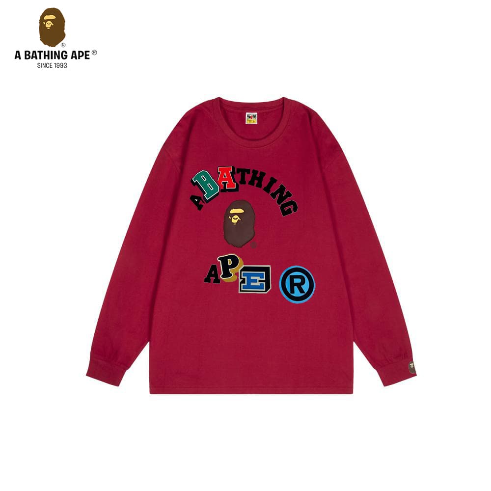 A Bathing APE BAPE-BAPE Brown Ape Head Pattern Multi Color Letter Logo Printed Cotton Round Neck Long Sleeve Top