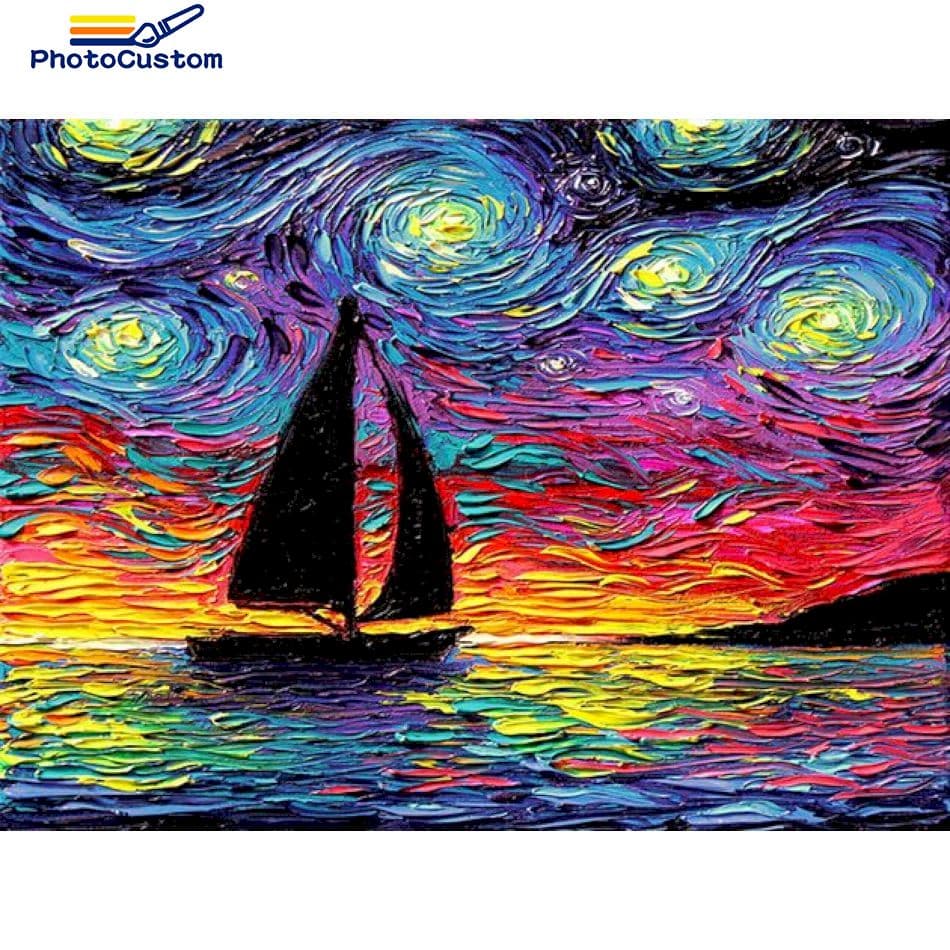 PhotoCustom 5d Diamond Embroidery Abstract Sailboat Landscape Diamond Art Painting Mosaic Handmade Gift