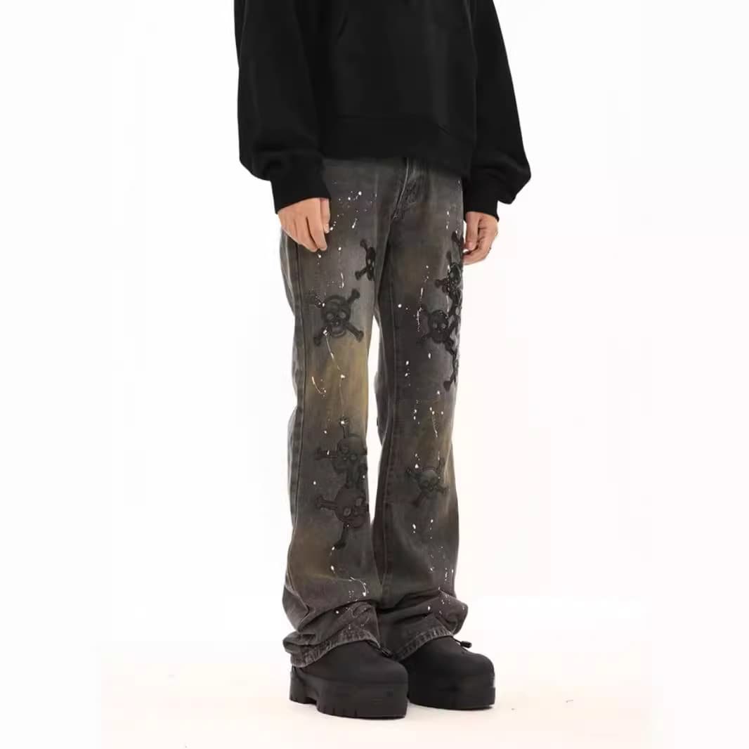 American fashion brand leather embroidered jeans high street hip-hop micro flared pants