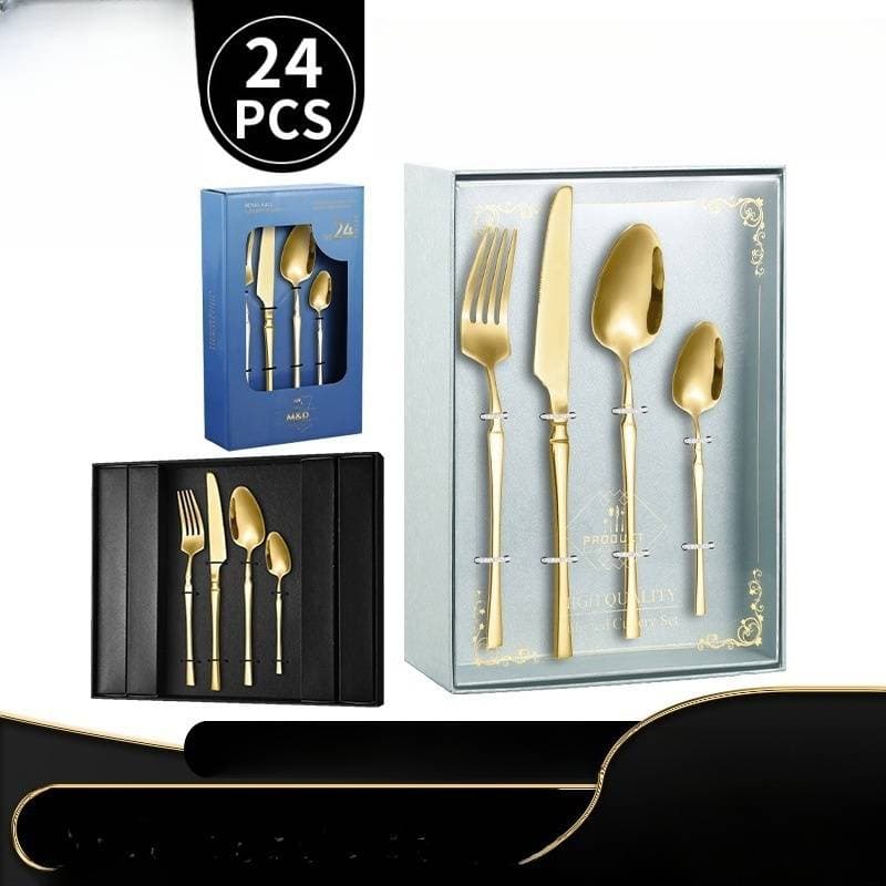 24-Piece Stainless Steel Cutlery Set - Slim Waist Gift Box With Gold Knife Fork Spoon For Steak & Western Dining