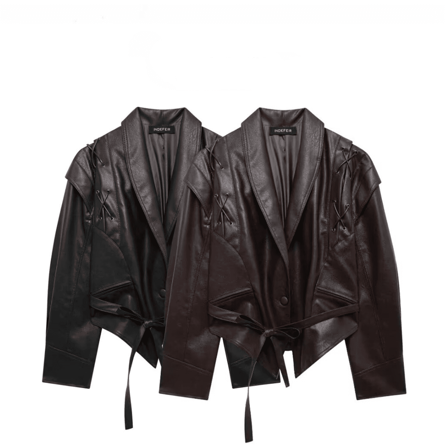 Trendy Faux Leather Belted Jacket For Women - V-Neck, Long Sleeve, Streetwear Chic (XS/S/M/L, Black & Dark Brown)