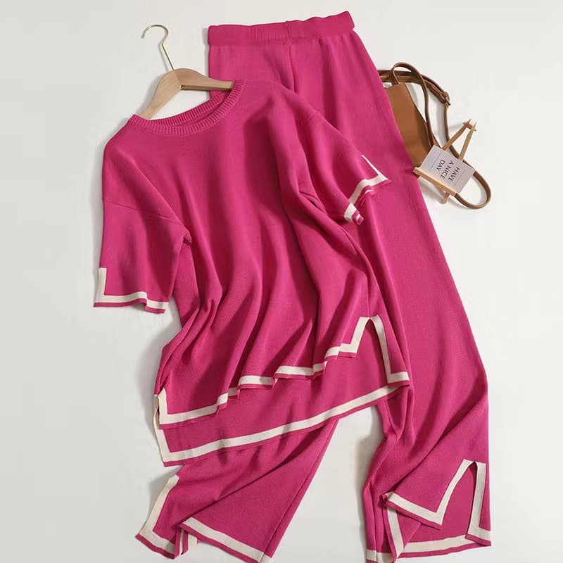 Women's Casual Suit Temperament Contrasting Color Slit Short-sleeved Sweater + High Waist Slim Wide-leg Pants Trousers Two-piece Set