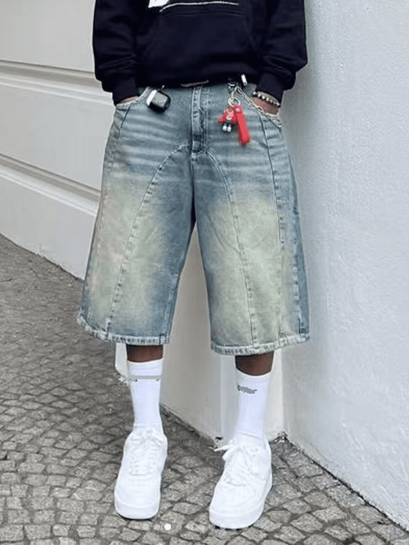Men's Clothing Retro Washed High Street Denim Shorts For Men And Women Straight Wide Leg Distressed Loose Casual Versatile Cropped Pants