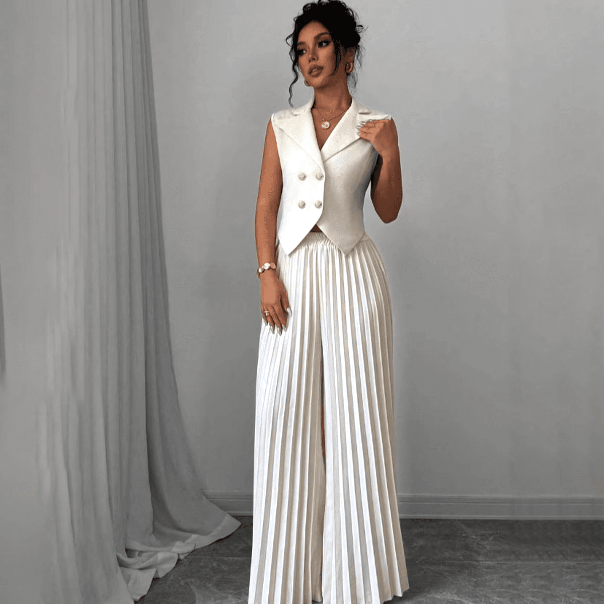 Fashion Vest Pleated Skirt Pants Suit For Women