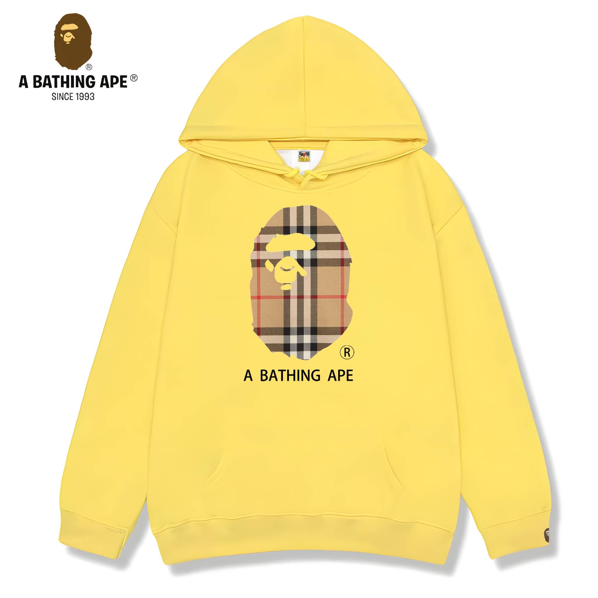 Sweat à capuche unisexe imprimé tête de singe à rayures et logo imprimé, collaboration BAPE-BAPE&BURBERRY