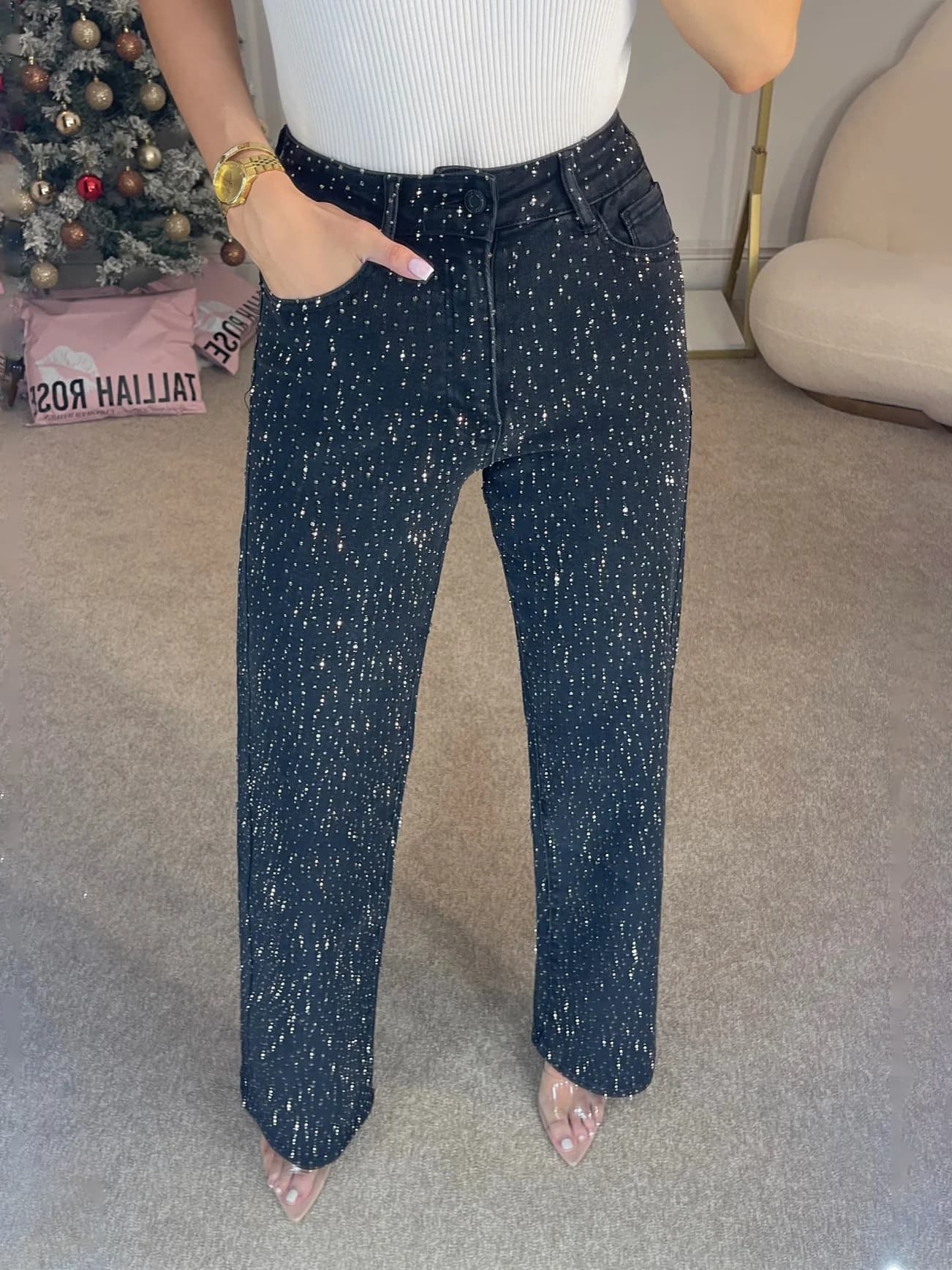 Women's Hot Selling Rhinestone High-Waisted Washed Jeans, Loose Fit, Slim Fit, Versatile Straight Leg Pants