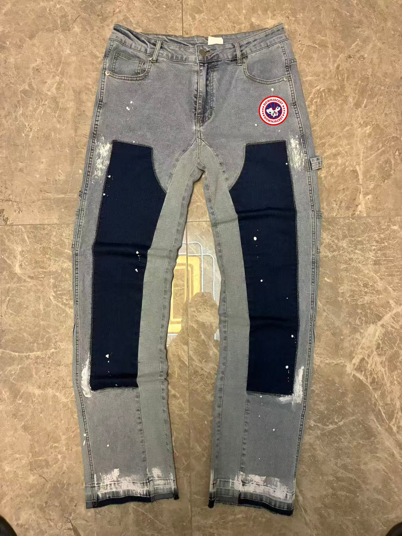 Jean homme en denim effet peinture Y2K - Coupe droite délavée avec imprimé circulaire effet fer à repasser, style streetwear vintage
