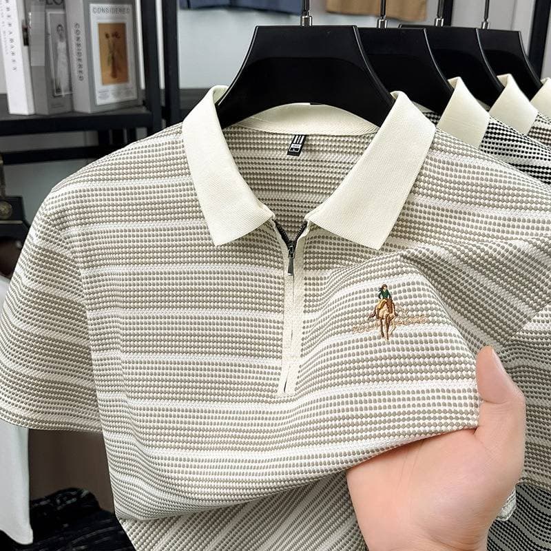 Men's Half Zip Polo Shirt, Breathable Stretch Short Sleeve Top With Pony Embroidery, Wrinkle-Resistant Casual Shirt For Daily Wear