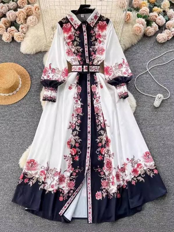 Women's Clothing color matching print slim long puff sleeve temperament dress spring dress