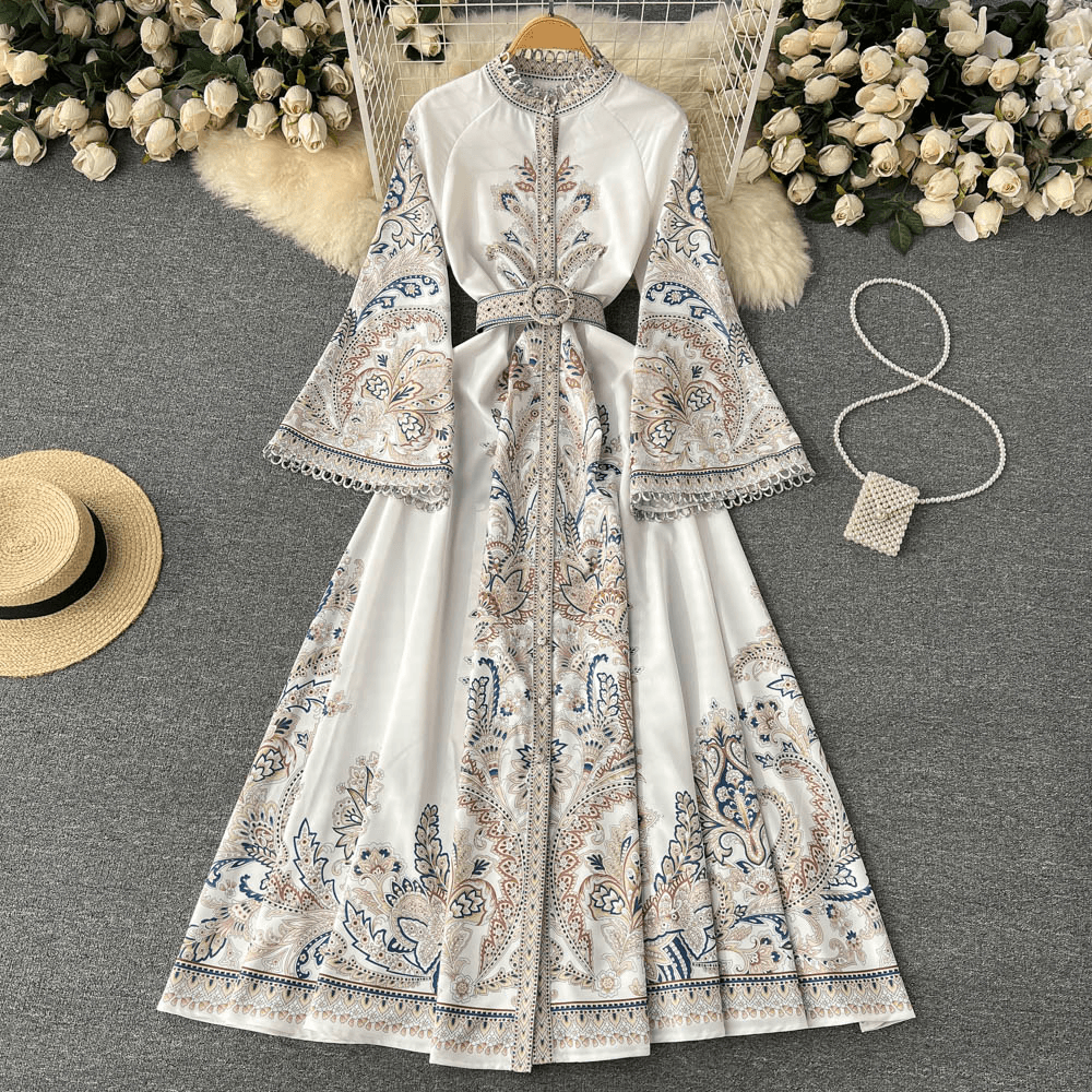 Women's Clothing Spring new style retro printed round neck bell sleeve dress women's single breasted large hem irregular pleated long skirt