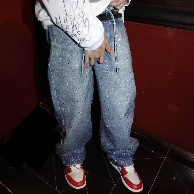 ​Streetwear Rhinestone Jeans For Men – Baggy Straight-Leg Pants With Rope Belt (S-XXXL)​