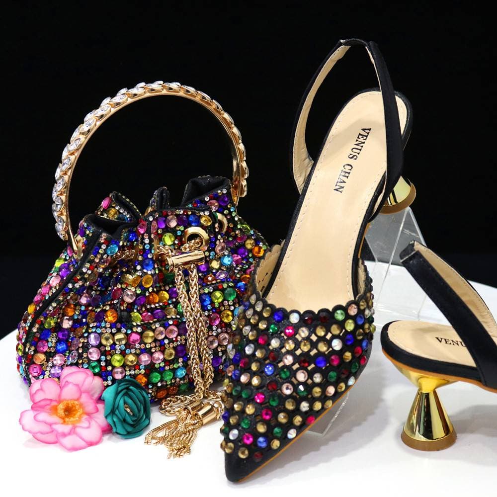 Colorful Stone Embellished Bucket Bag & Pointy-Toe Flats Set - Women's Matching Accessories For Casual Style