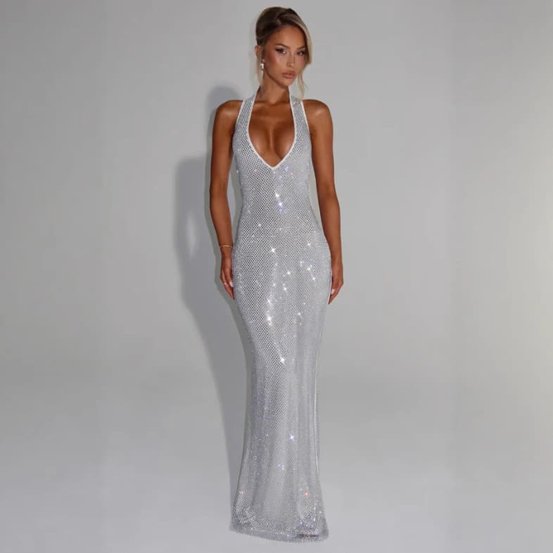 Women's Clothing Sexy Deep V Sleeveless Halter Neck Dress For Women Summer New Style Temperament Sequined Backless Waist Hip Skirt