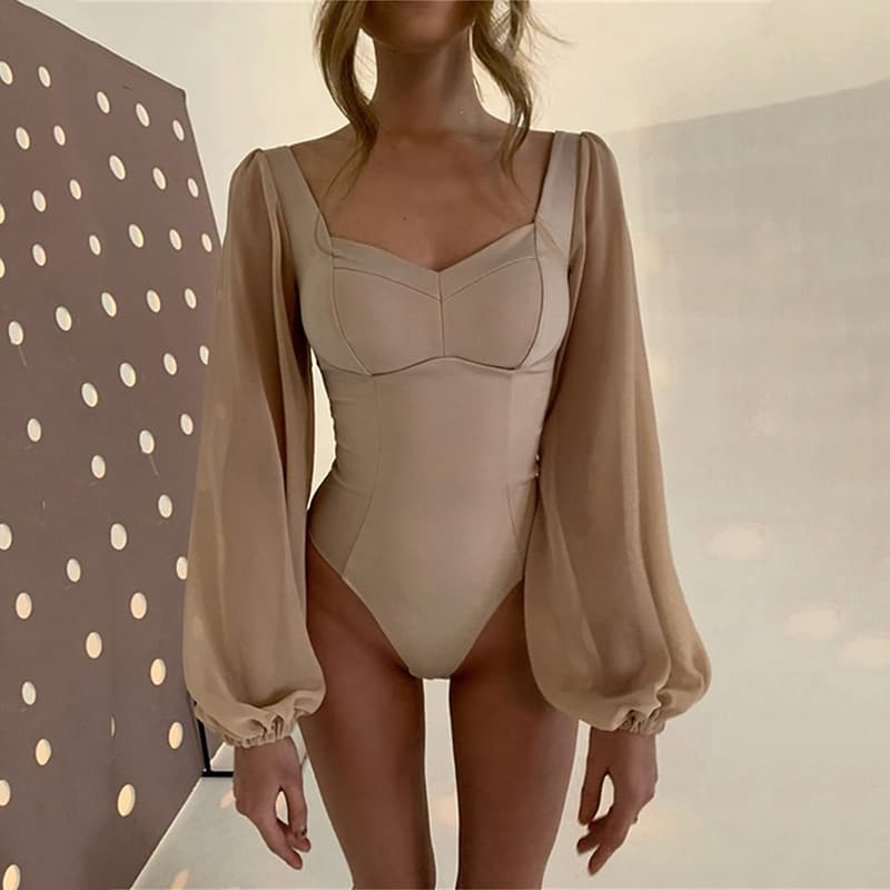 Women's Spice Square Collar Base Shirt Fashion Sexy Backless Long Sleeve Onesie