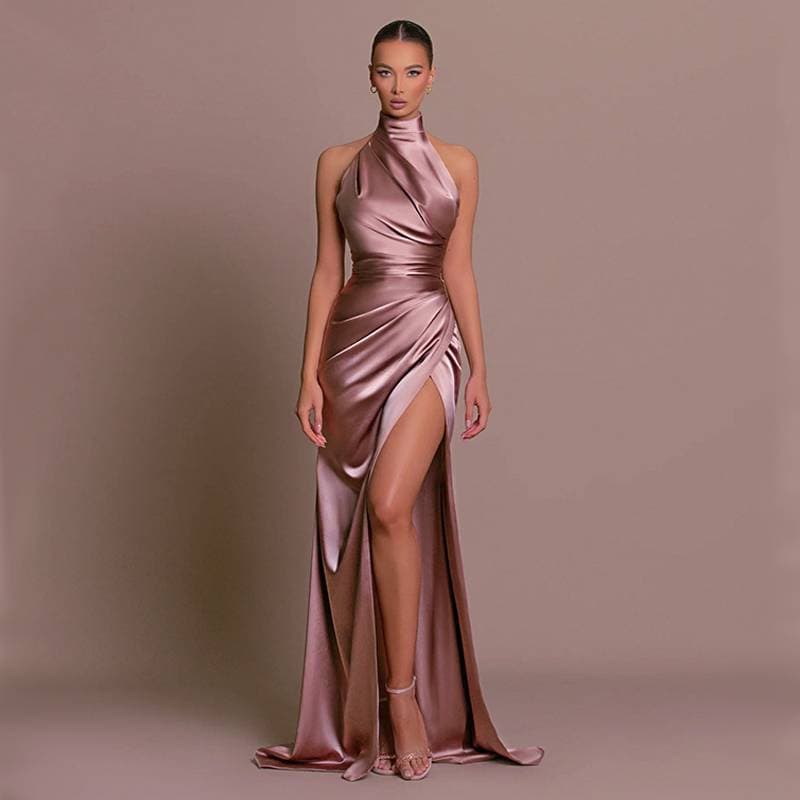 New Style Temperament Stand Collar Long Dress European And American Style Halter Neck Sleeveless Slit Slim Dress Dress