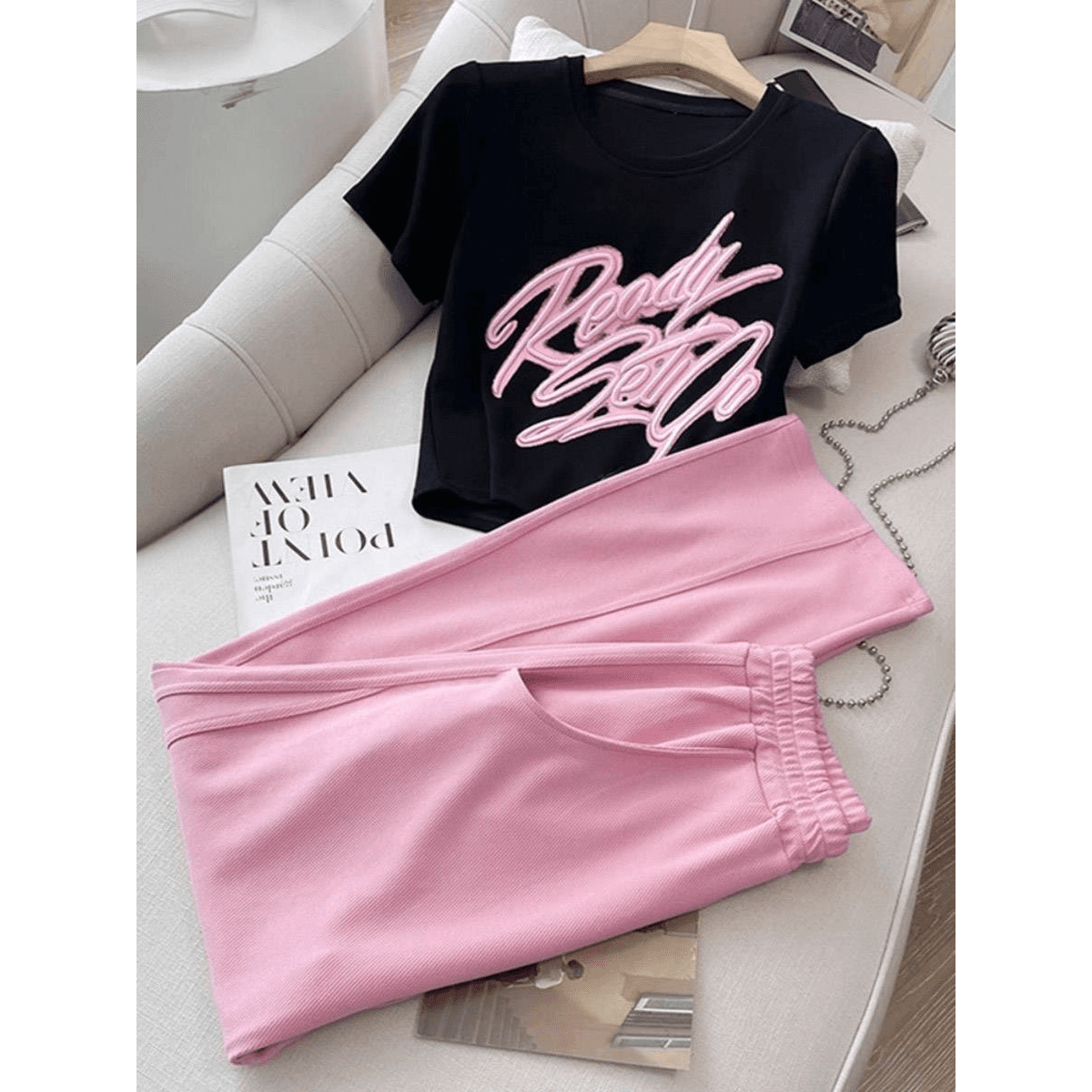 Women's Clothing Stylish Slim Top Pink Wide-leg Pants Two-piece Preppy Look