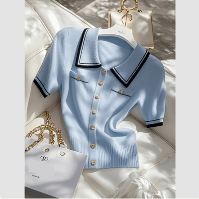Women's Clothing Light Blue Short Sleeved T Shirt Nice Looking Beautiful Contrast Color Knitted Top